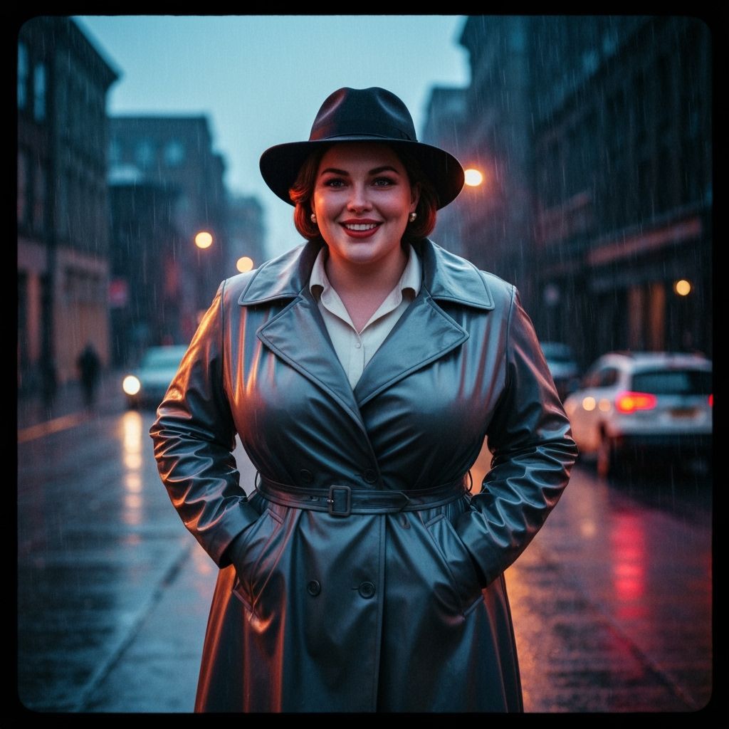 Rainy City Street Scene with Curvy Woman