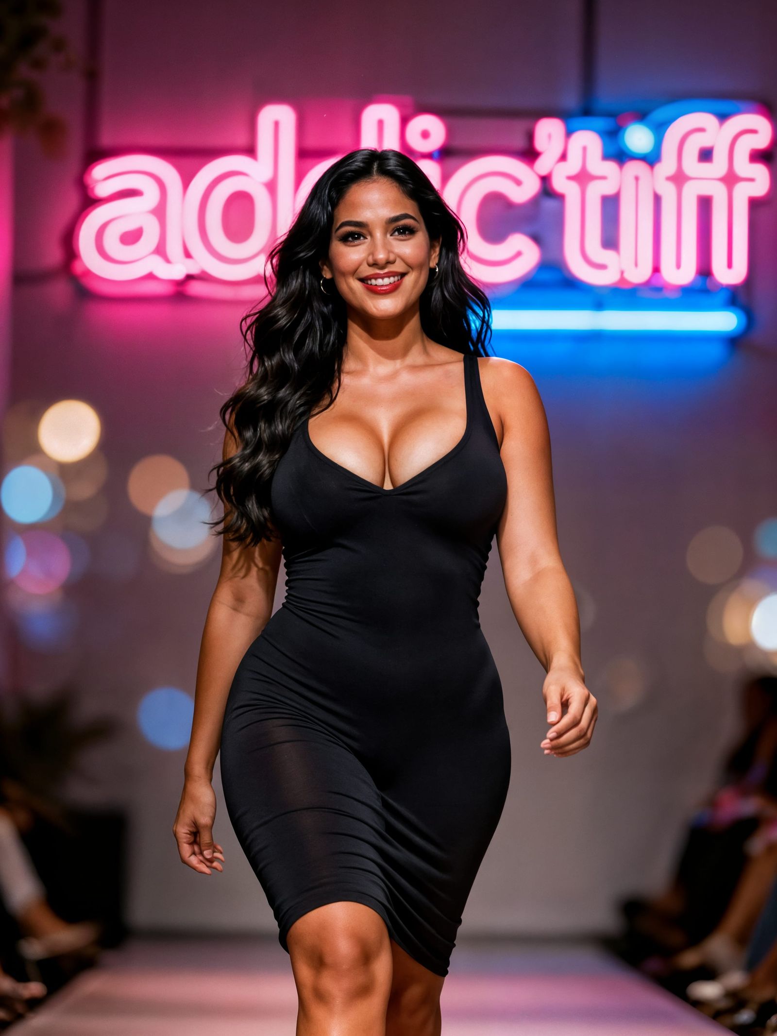 Latina Woman Walks Towards You with Neon Sign