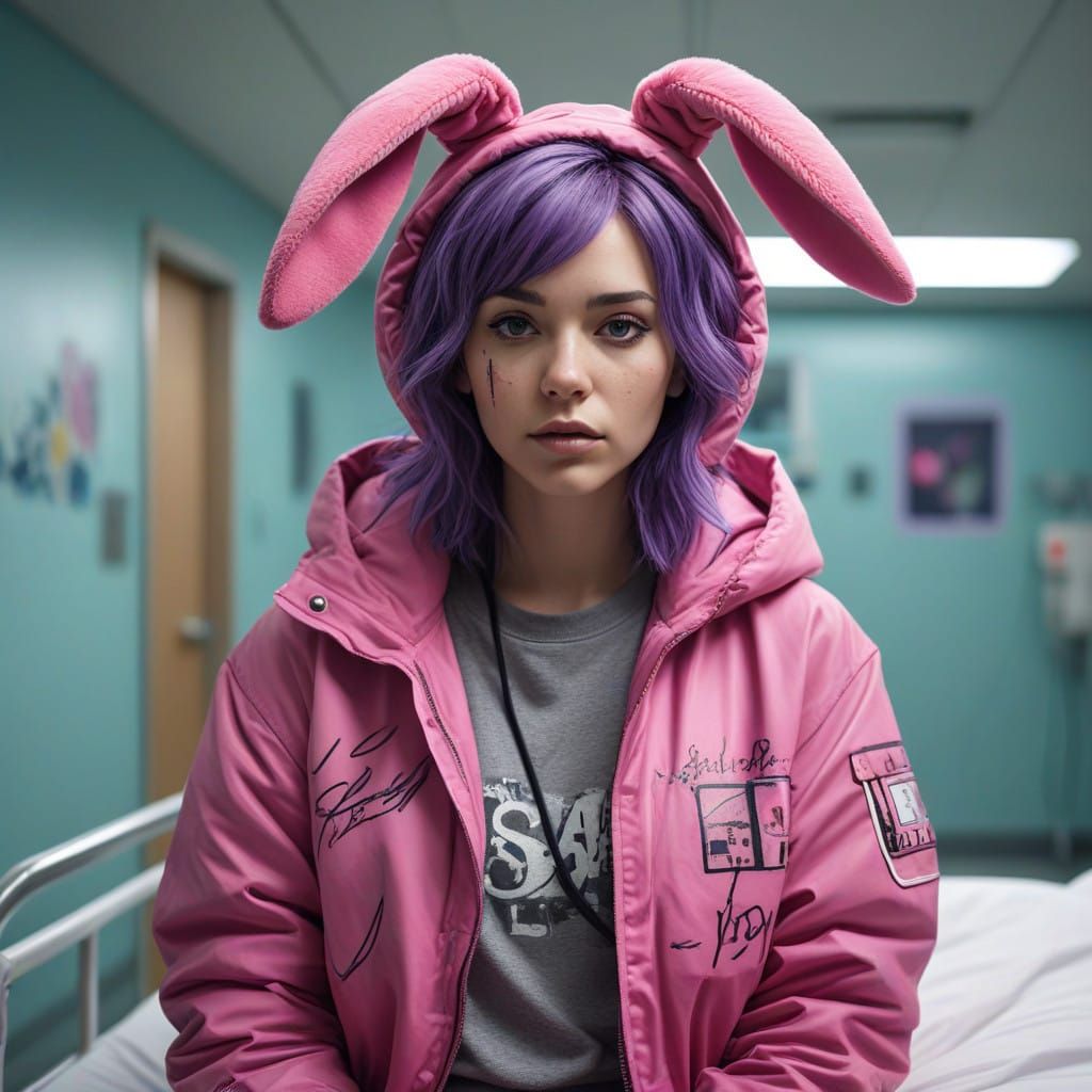 Lost in Thought: Purple Haired Woman in Hospital