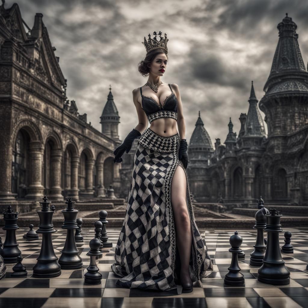 Hyperrealistic Queen Playing Chess in Lingerie