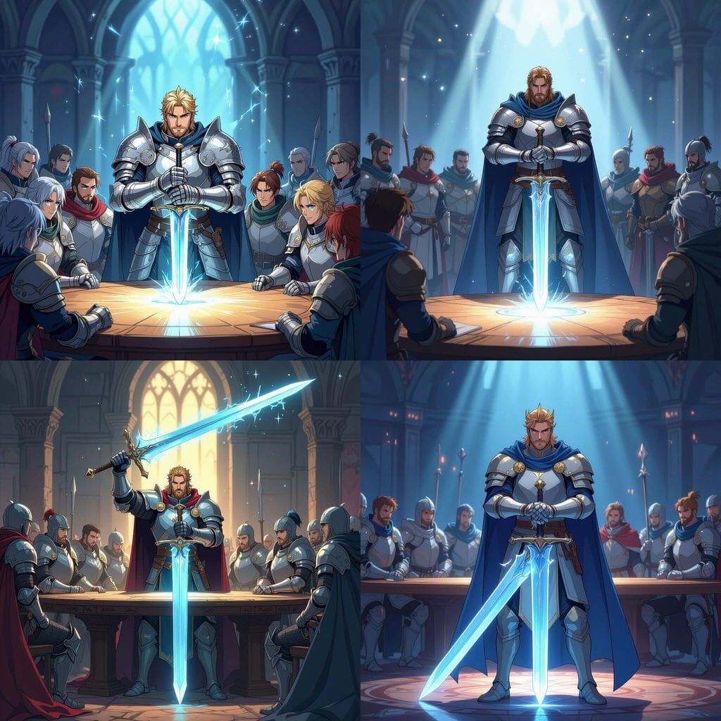 King Arthur at Round Table with Glowing Excalibur in Anime S...