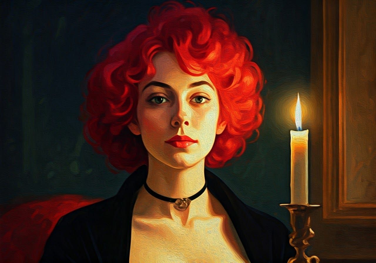 Vibrant Portrait of Miss Scarlett in a Cluedo-Inspired Ballr...