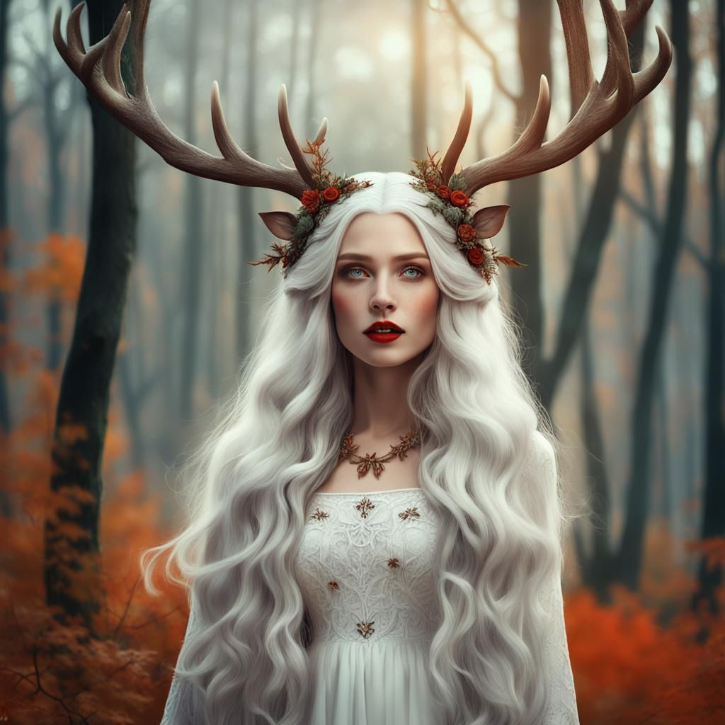 Woman with Antlers in Autumn Woods, Fantasy Art