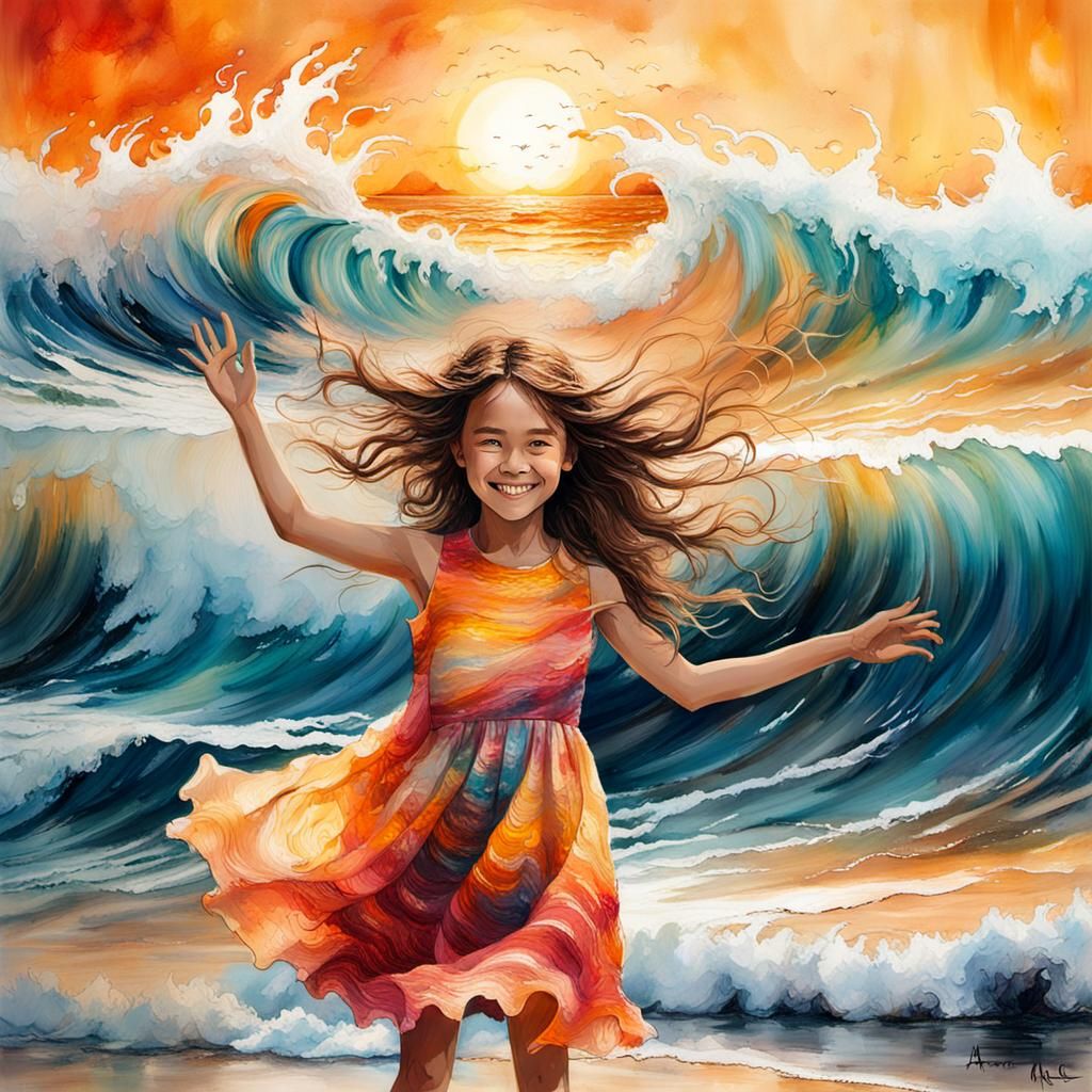 Ocean Wave Girl Portrait on Sunrise Beach