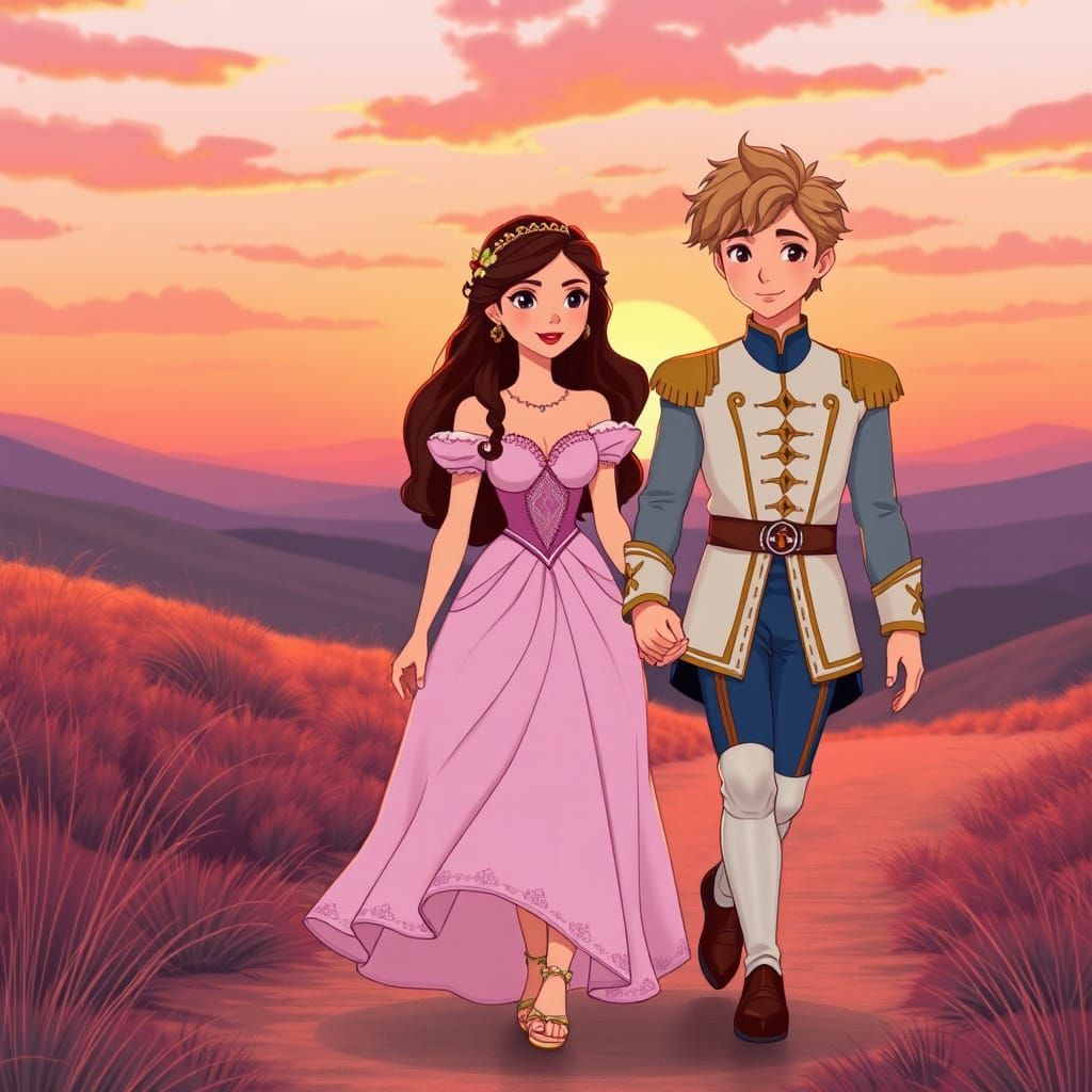 Romantic Sunset Walk: Princess and Prince in Love