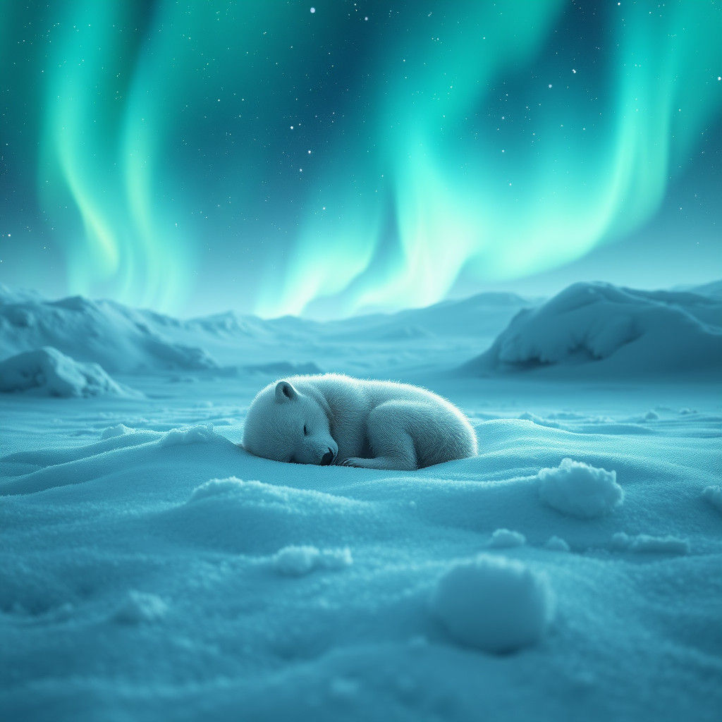 Polar Bear Cub Asleep Under Northern Lights