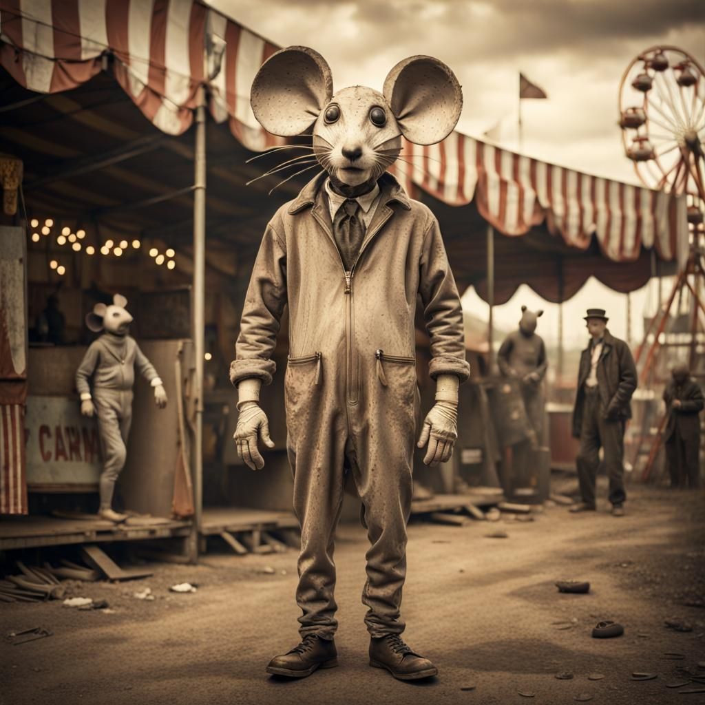 Vintage Photo of Man in Mouse Costume at Carnival