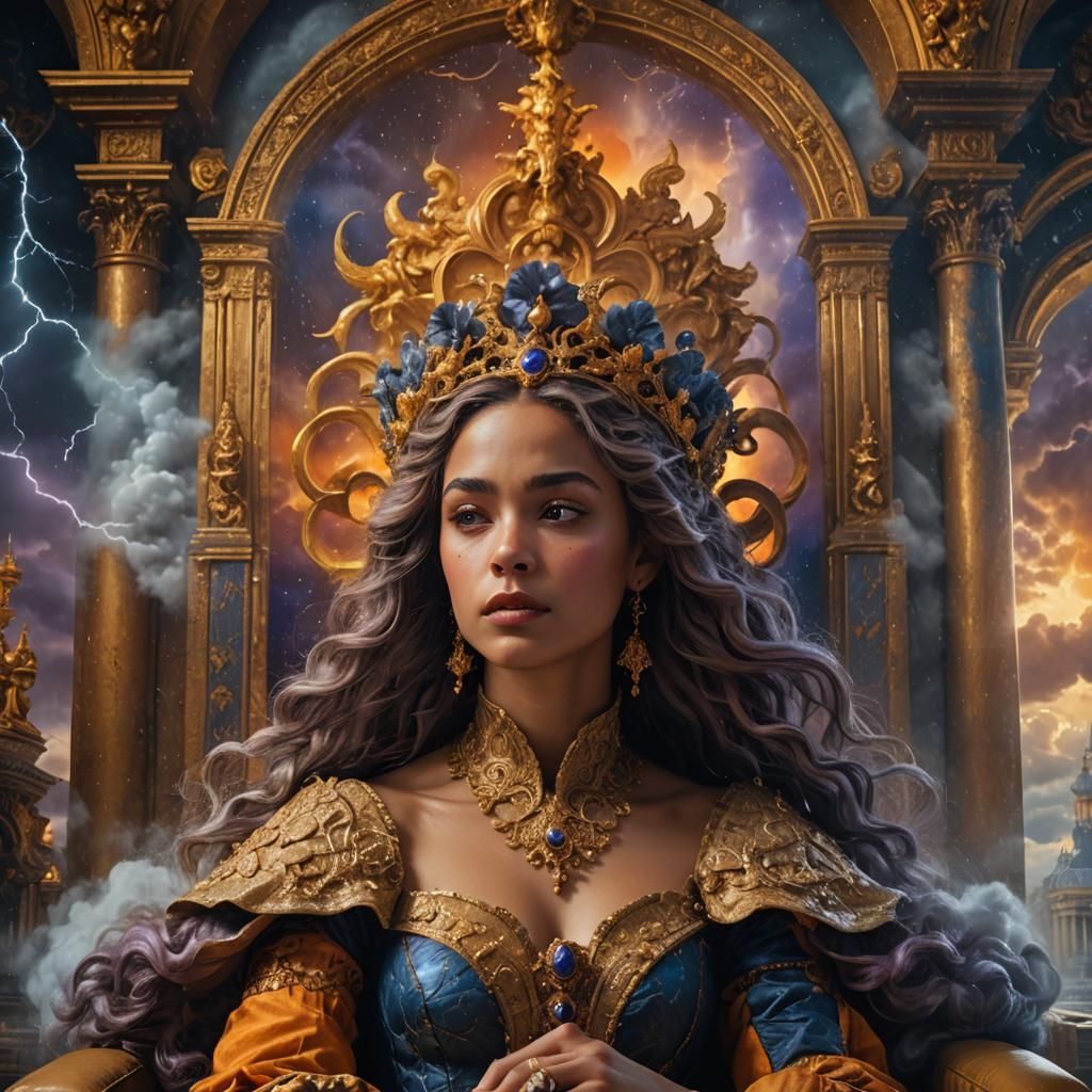 Girl on Throne in Storm Clouds, Baroque Fantasy Art