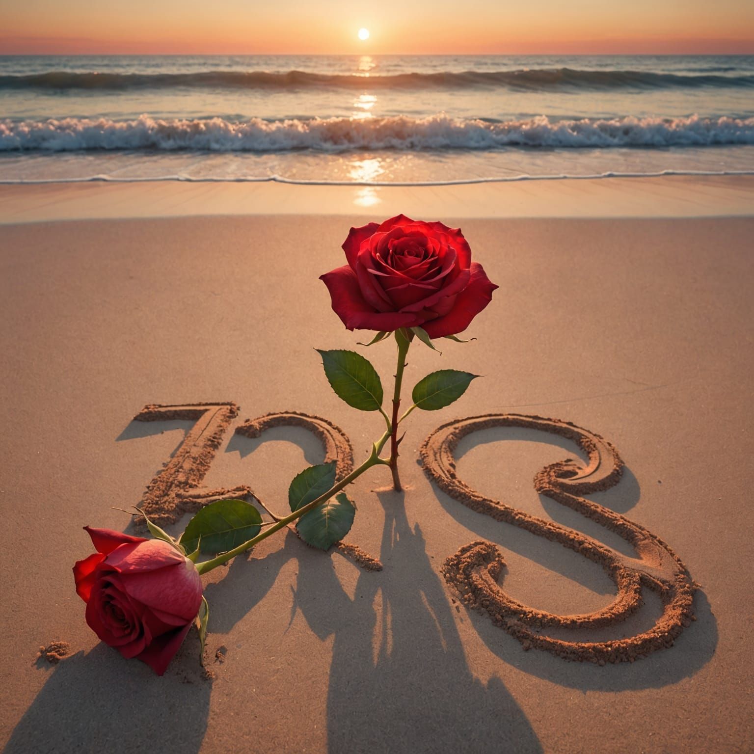 Red Rose on Beach at Sunset in 3D