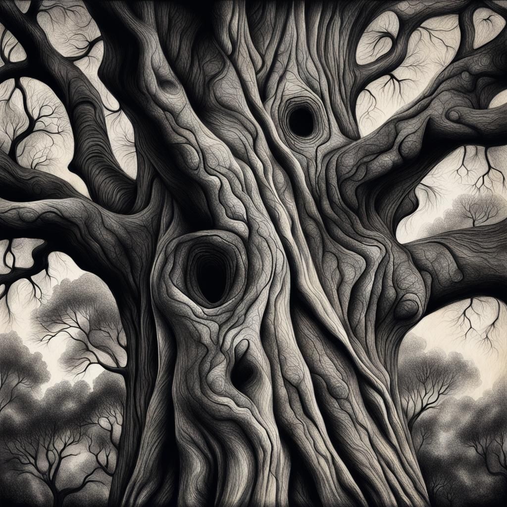 Tree with Many Faces in Charcoal Drawing