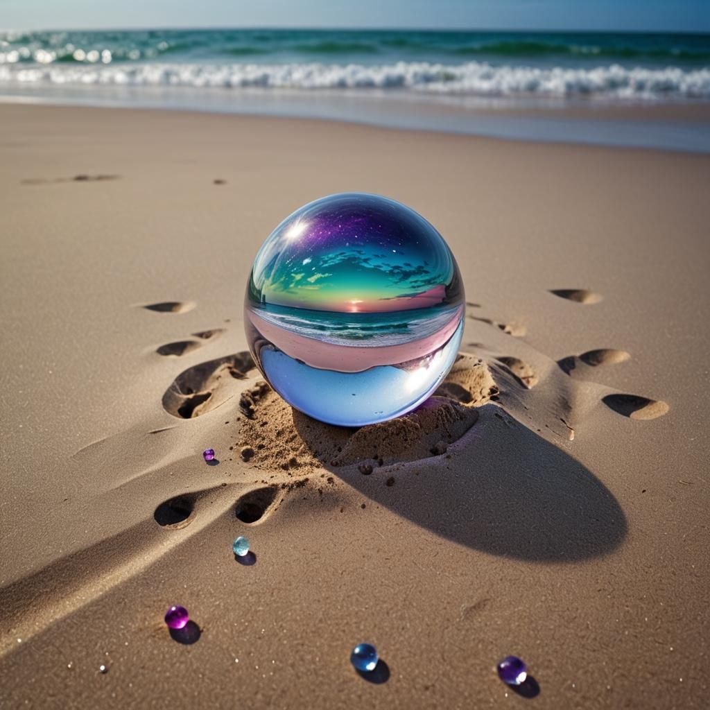 crystal ball on the sandy beach, unreal image inside, bright...