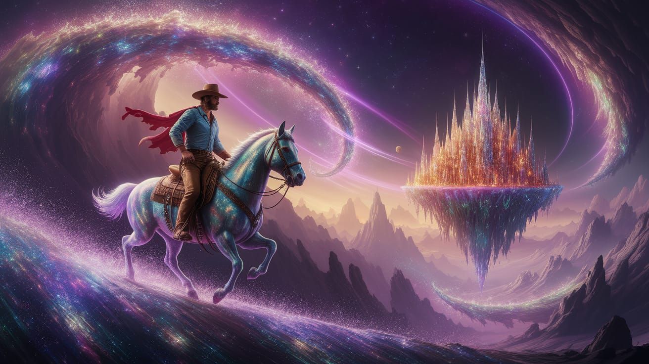Lone Cowboy Rides Celestial Steed Through Nebula