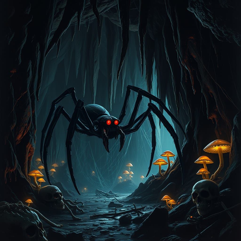 Dark Cave Lair with Glowing Mushrooms and Razor-Sharp Stalag...