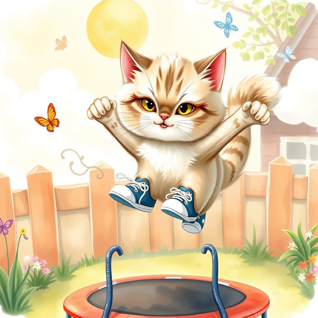 Whimsical Cat Bounces in a Sunny Backyard