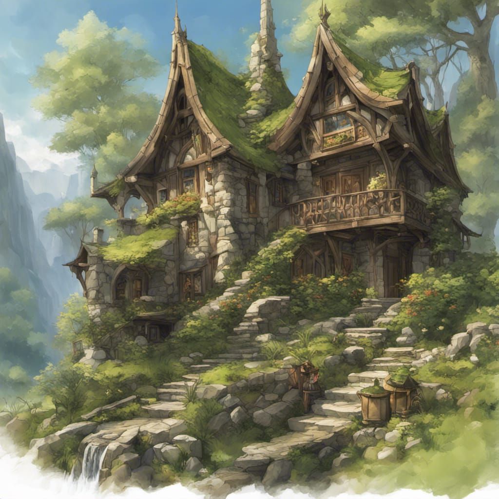 Hyperrealistic Elven Village in Misty Mountains