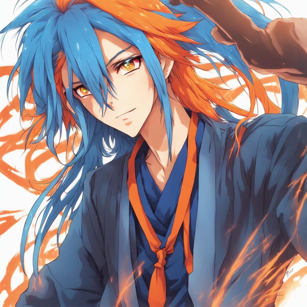 Anime Boy with Blue Hair in Orange Outfit
