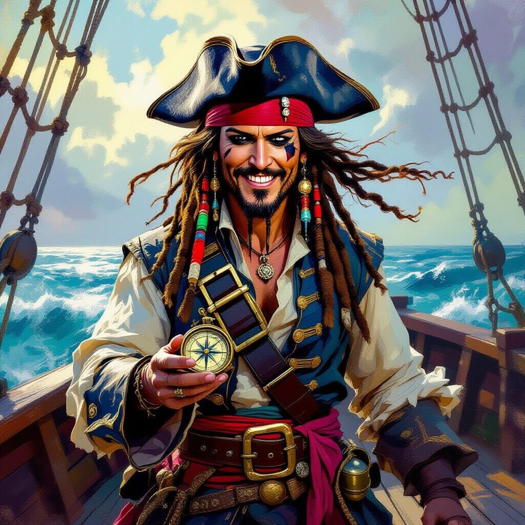 Captain Jack Sparrow Smirks on Ship Deck in Painterly Style