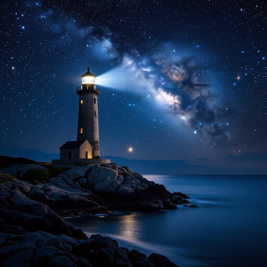 Lighthouse Beam Illuminates Starry Night Sky Over Calm Sea