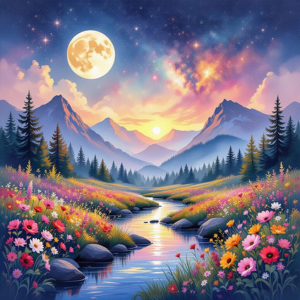 Vibrant Watercolor Landscape with Wildflowers and Moon