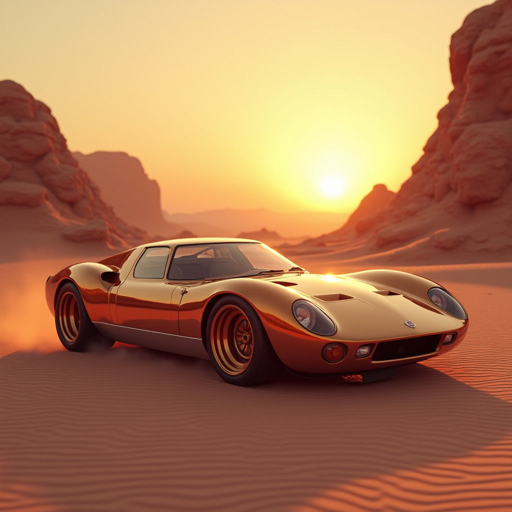 Desert Sunset Sports Car in Matte Painting Style