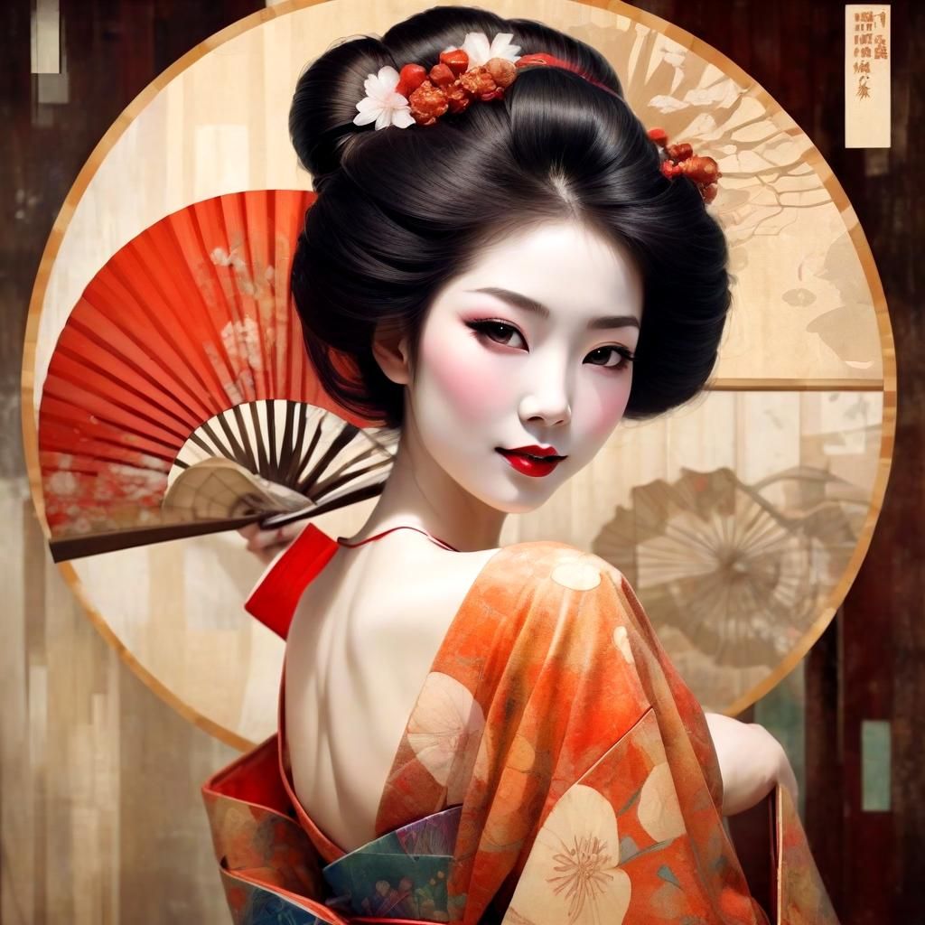 Smiling Geisha with Fan in Art Nouveau Style