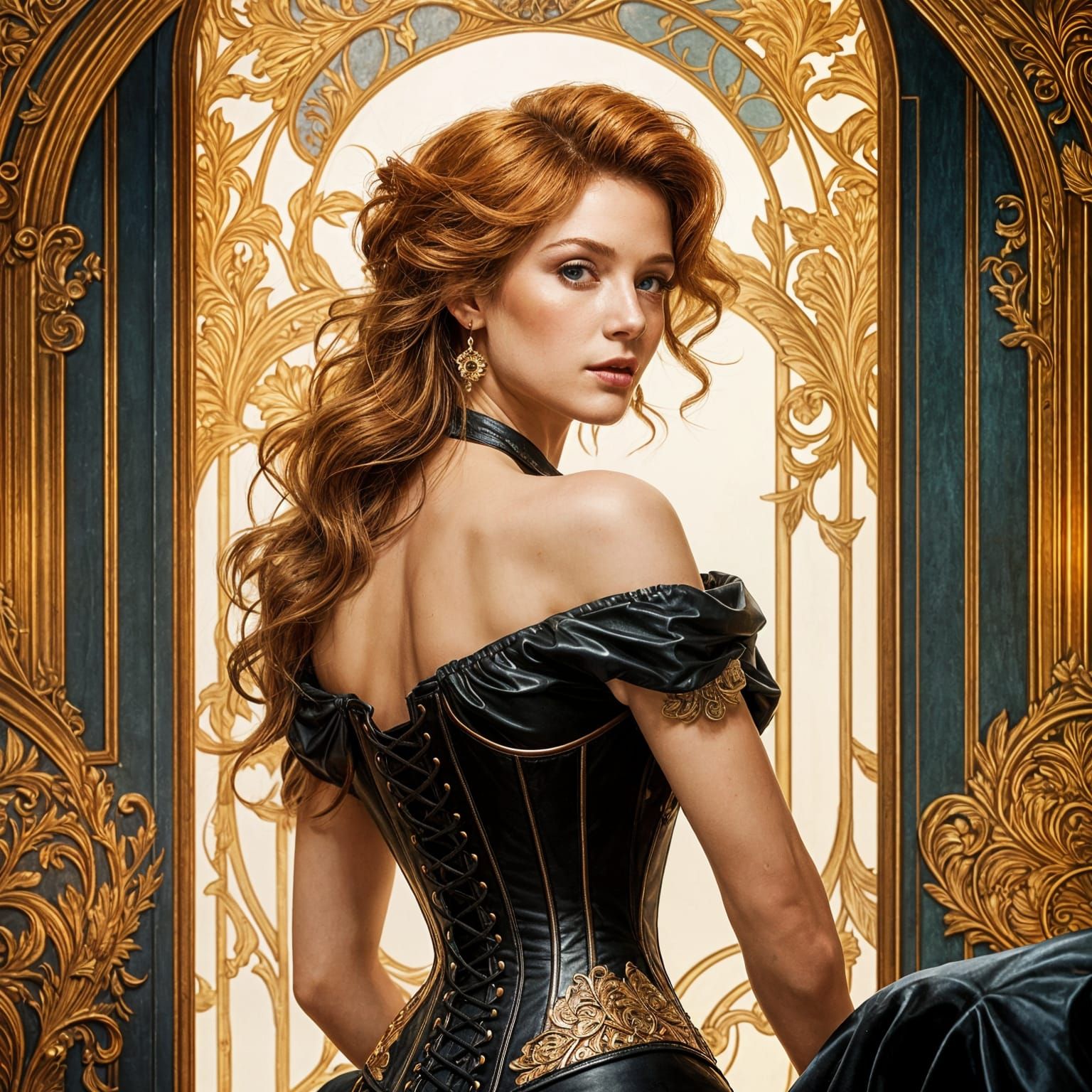 Art Nouveau Woman in Boudoir Oil Painting