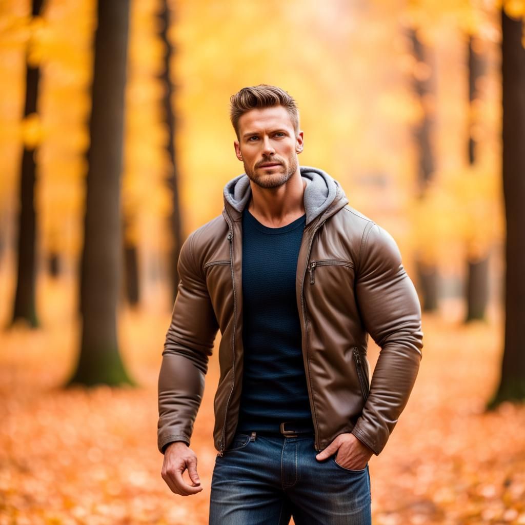 Muscular Man in Autumn Forest, Professional Photography