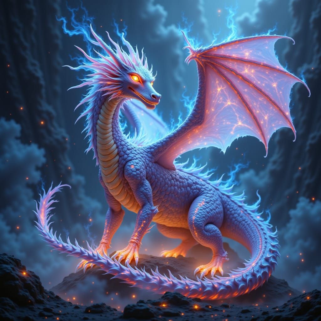 Majestic Dragon on Crystalline Spire in Cosmic Nebula