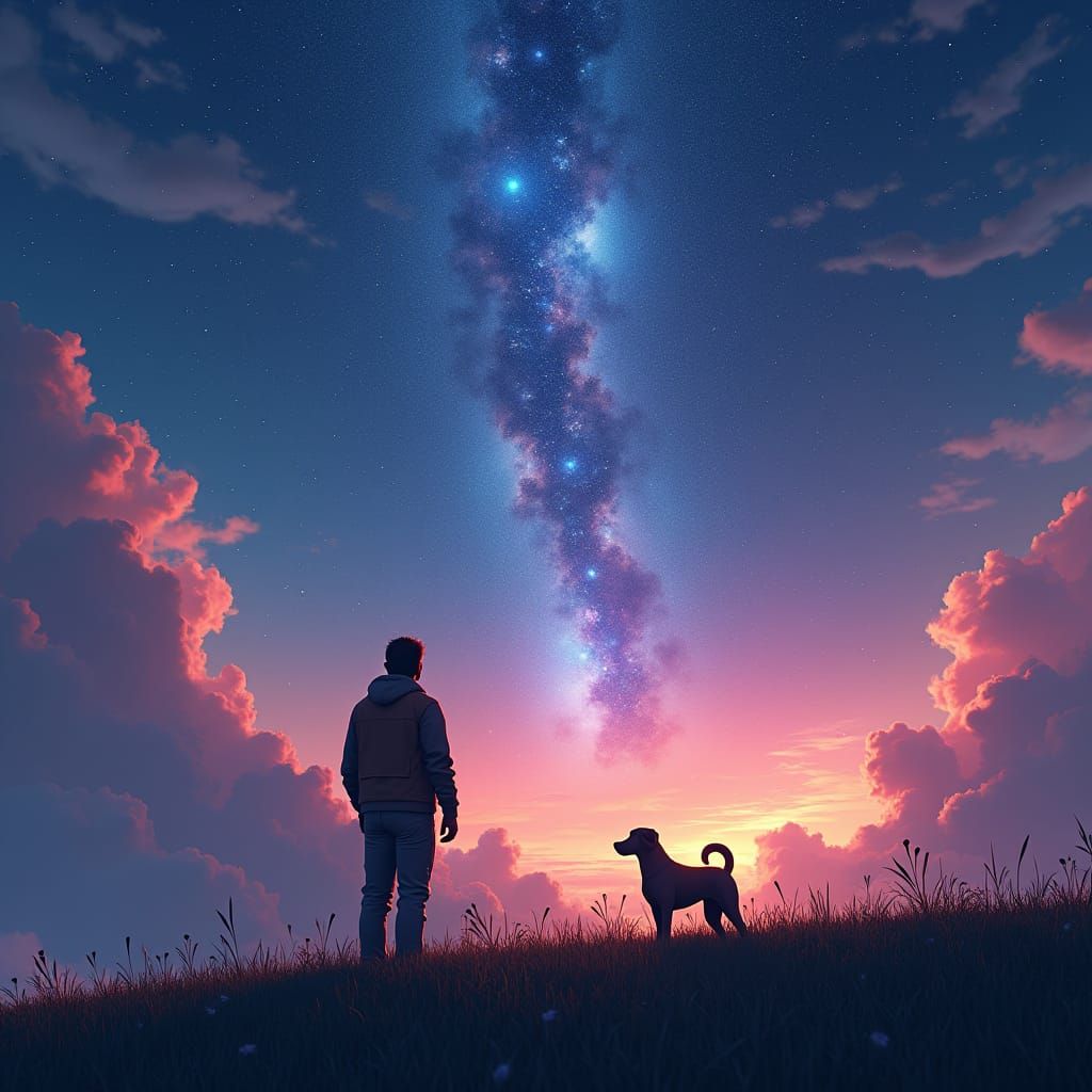 Man and Dog Gaze at Colorful Astronomical Sky