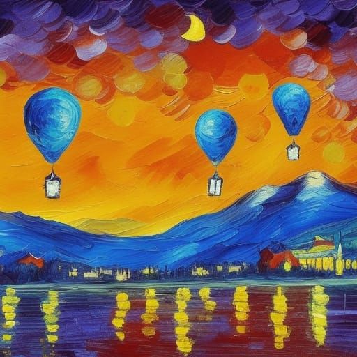 Colorful Balloons Ascend over City, Expressionist Style
