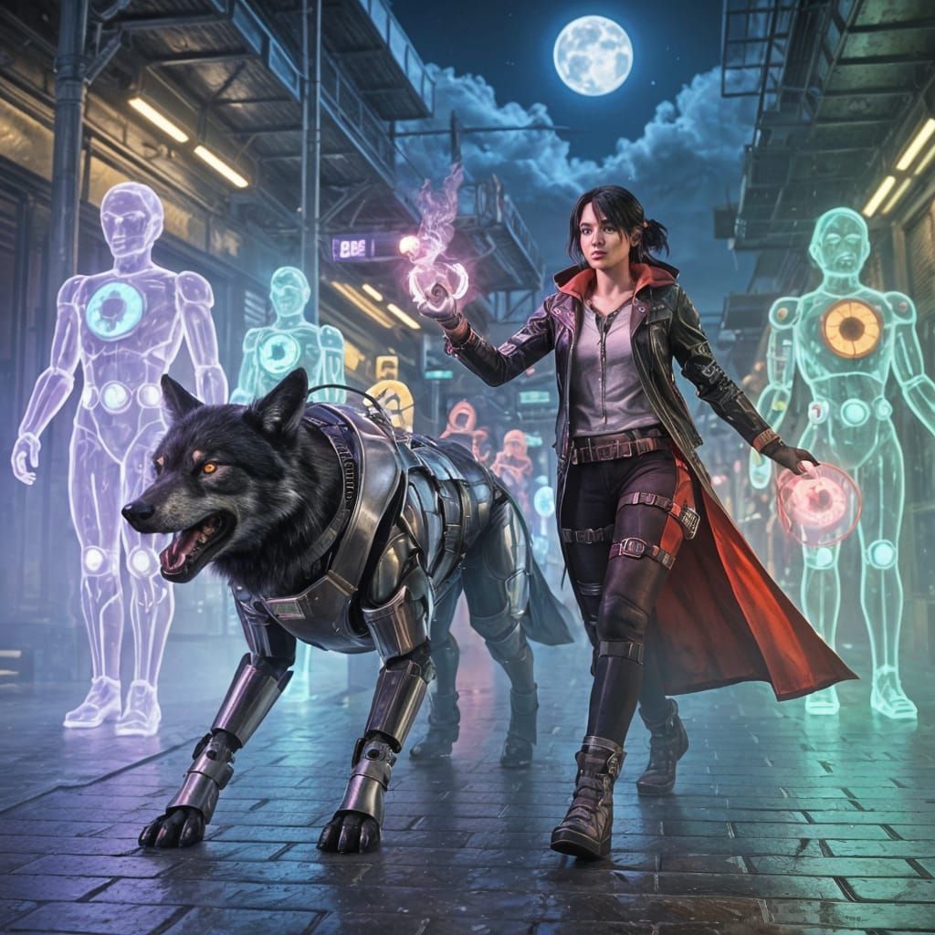 Cyberpunk Mage with Armored Wolf in Steampunk City