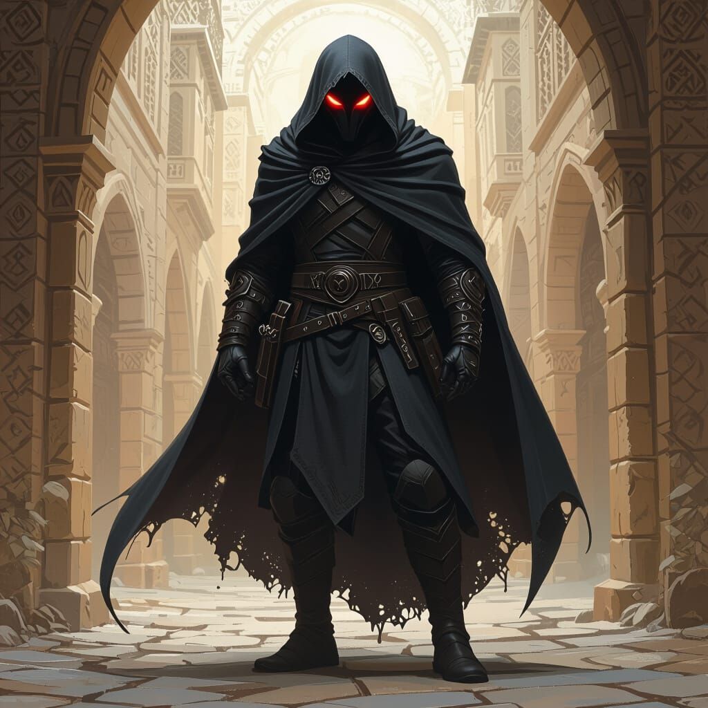 Fiendling Rogue with Glowing Eyes in Shadowed Cloak