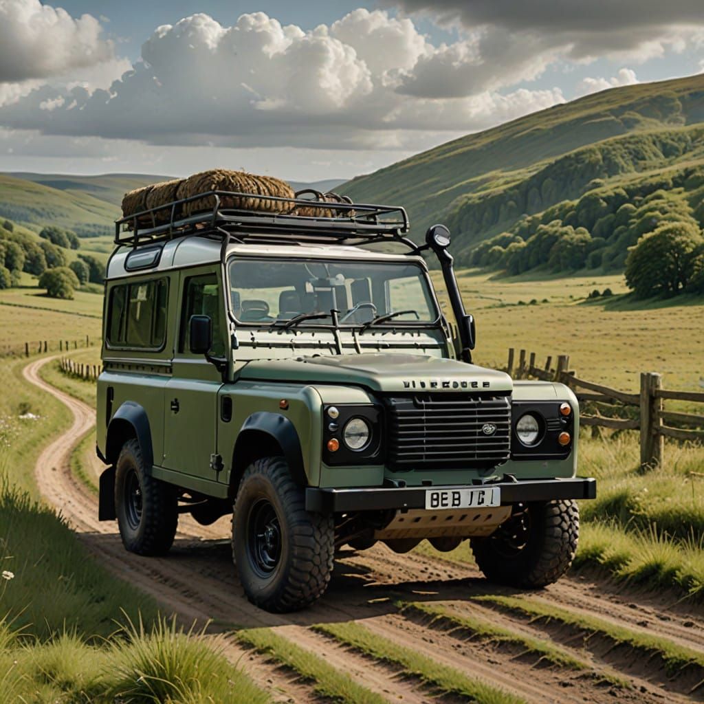 Classic Defender in Rugged Countryside