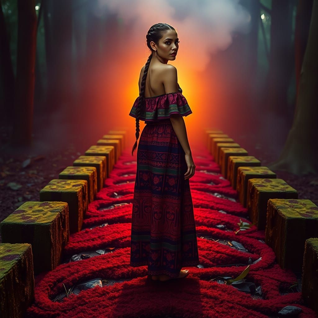 Ethereal Fashion Model Walks Red Moss Runway Under Dusk