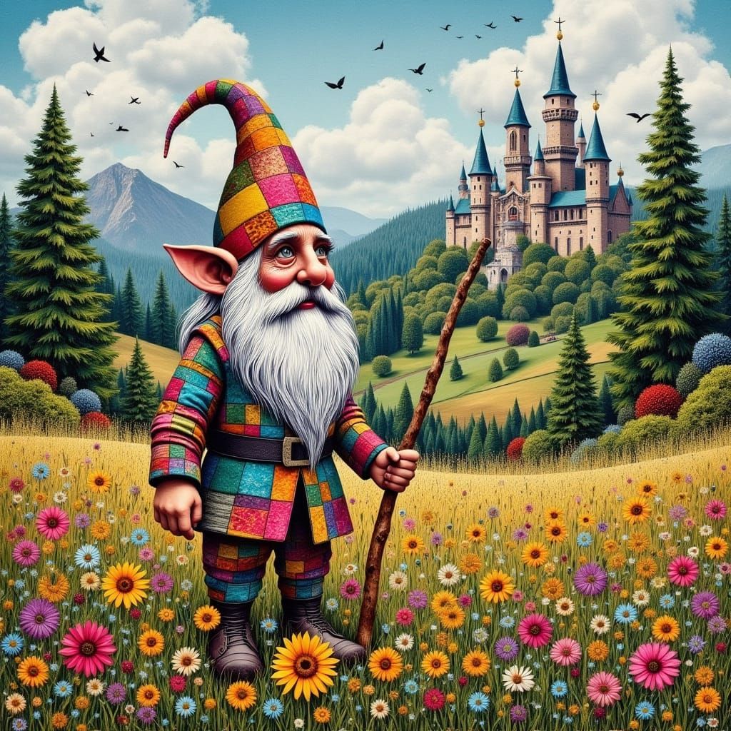 a impasto painting of a gnome with a patchwork  hat and clot...