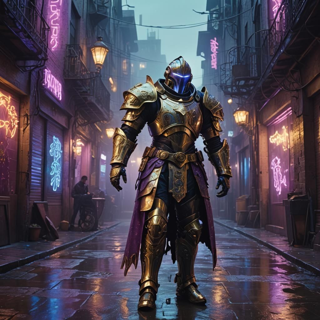 Cyborg Knight in Neon Alleyway: Cyberpunk Renaissance