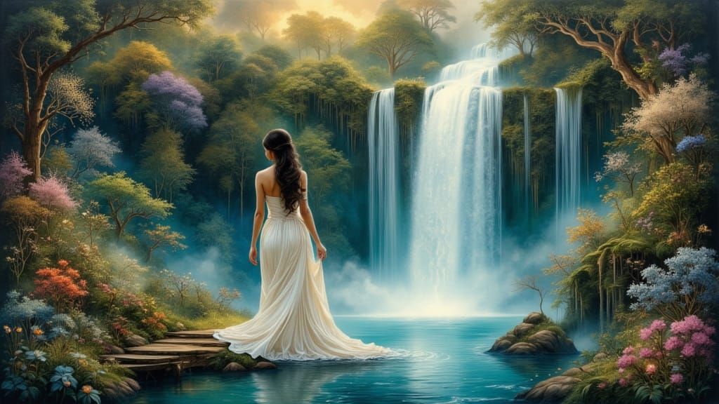 Enchanted Forest Waterfall Scene with Renaissance Style