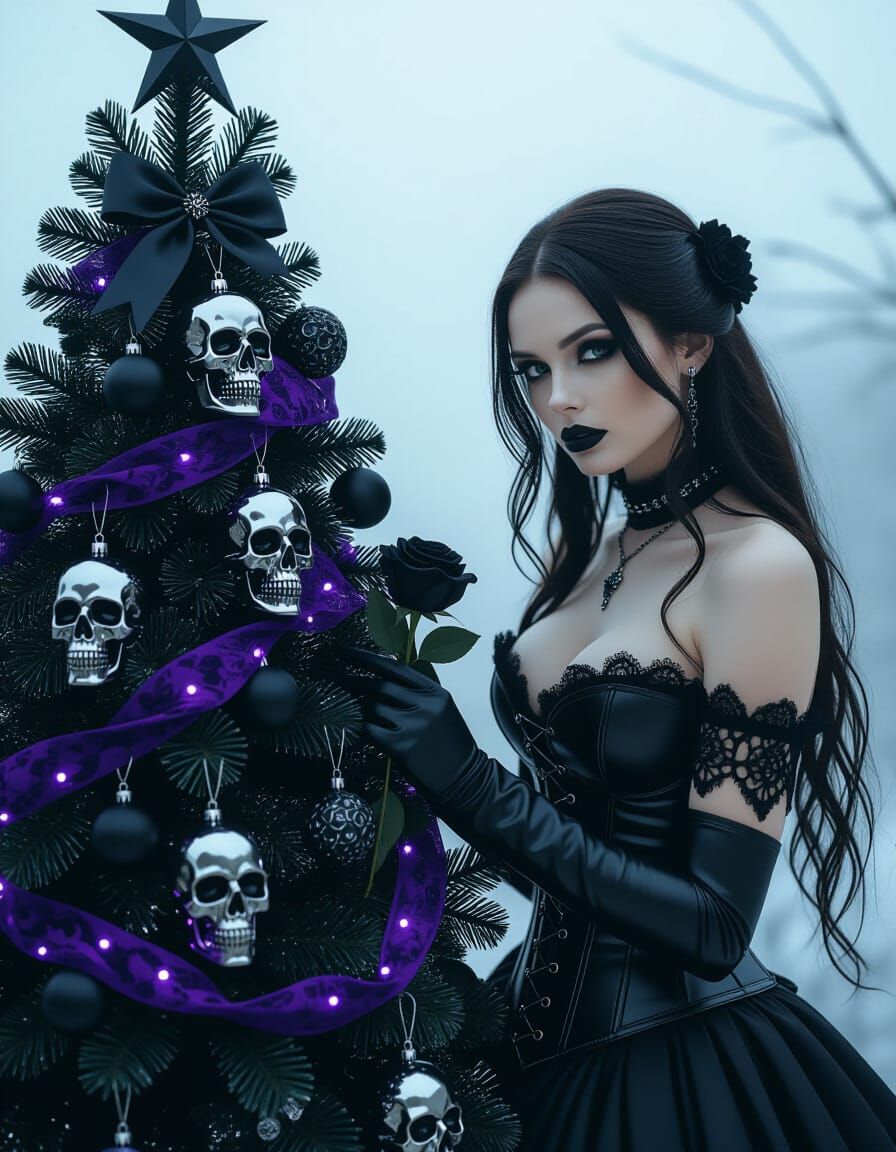 Gothic Woman with Black Christmas Tree Portrait