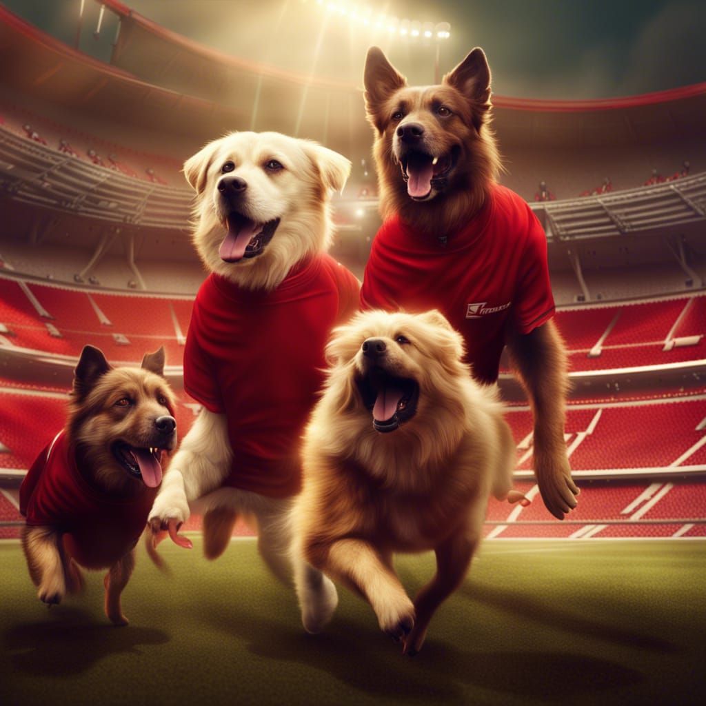 Dogs Play Football in Stadium: Digital Matte Painting