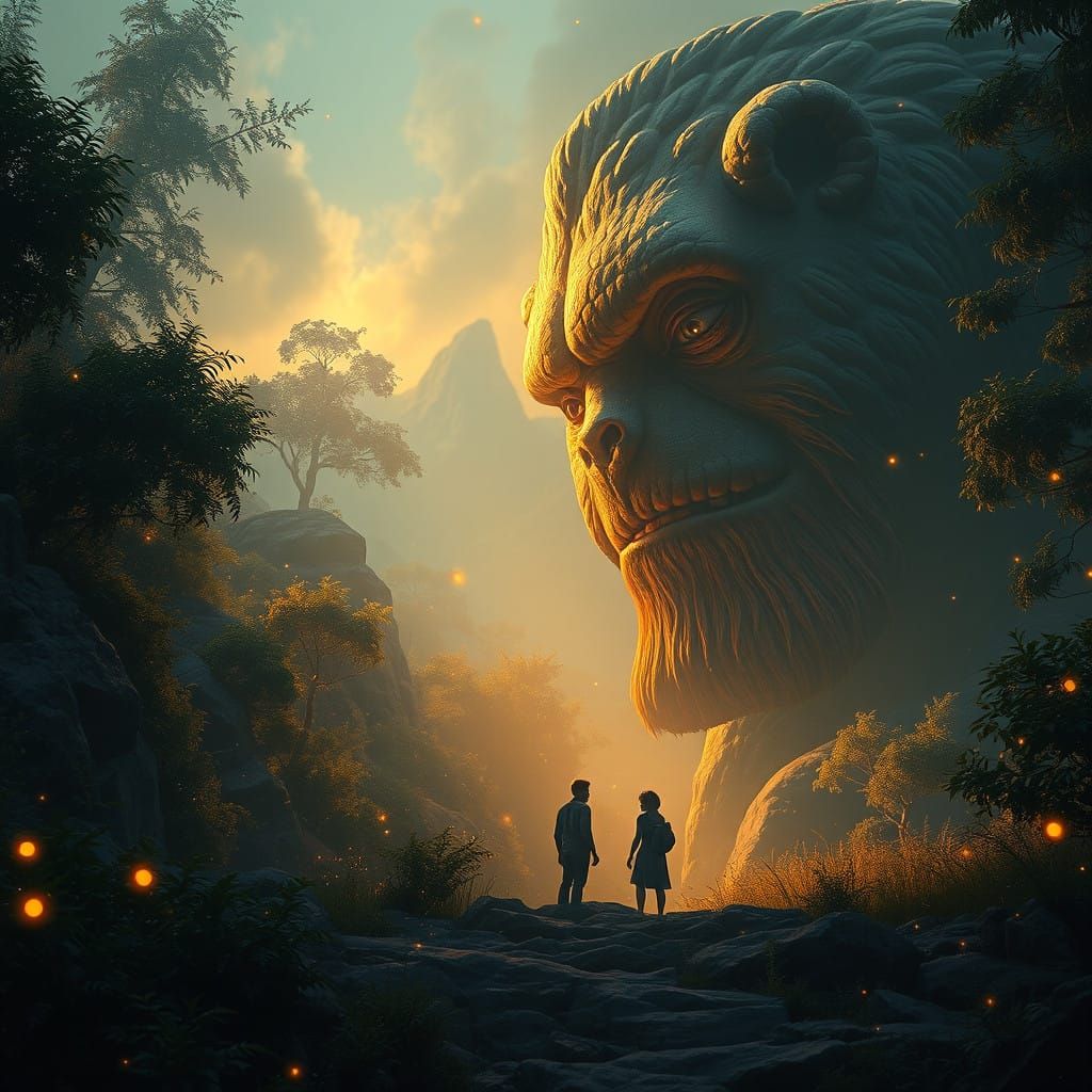 Gentle Giant with Tiny Human in Lush Environment