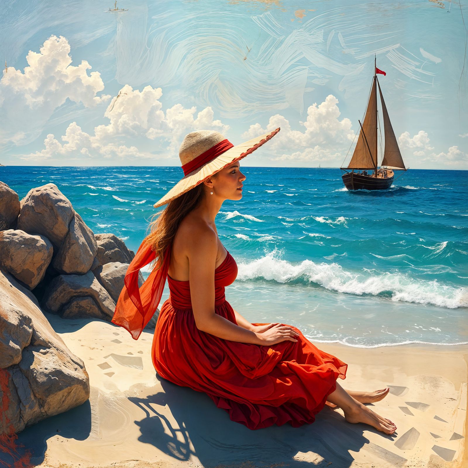 Redhead on Beach in Van Gogh Style