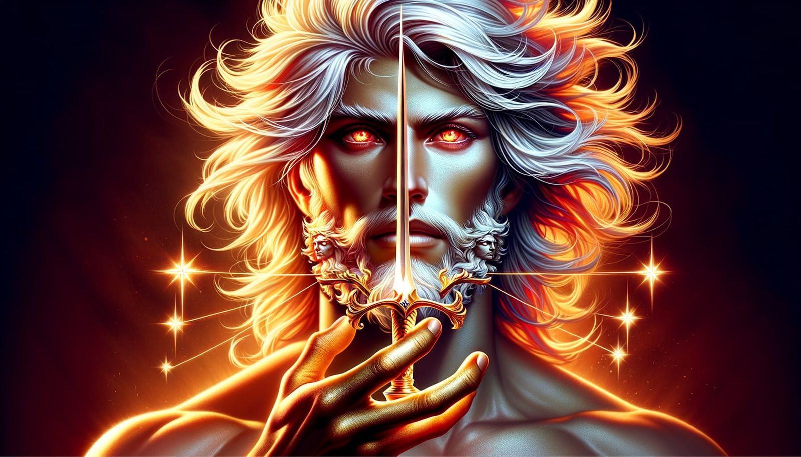 Fiery-Eyed Man with Stars and Sword, Resembling the Sun