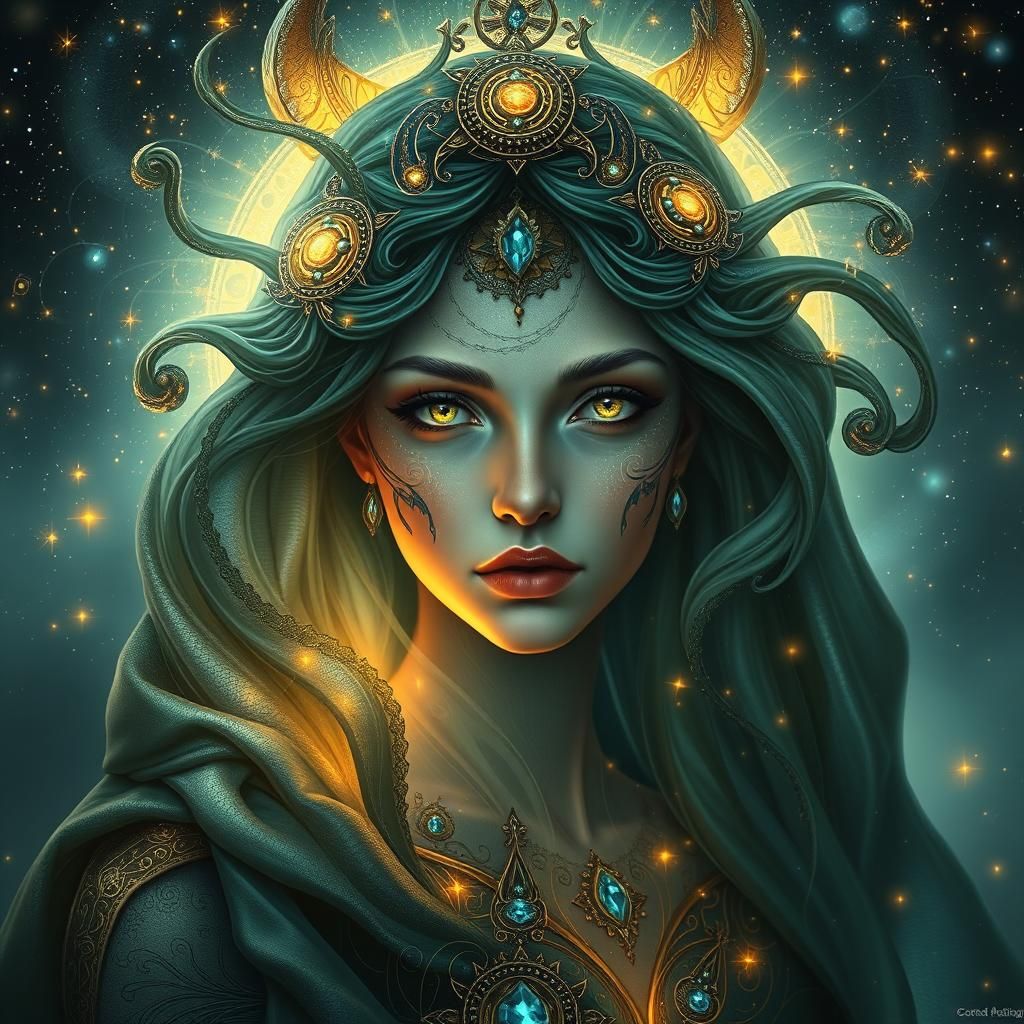 Cosmic Goddess Portrait in Art Nouveau Style