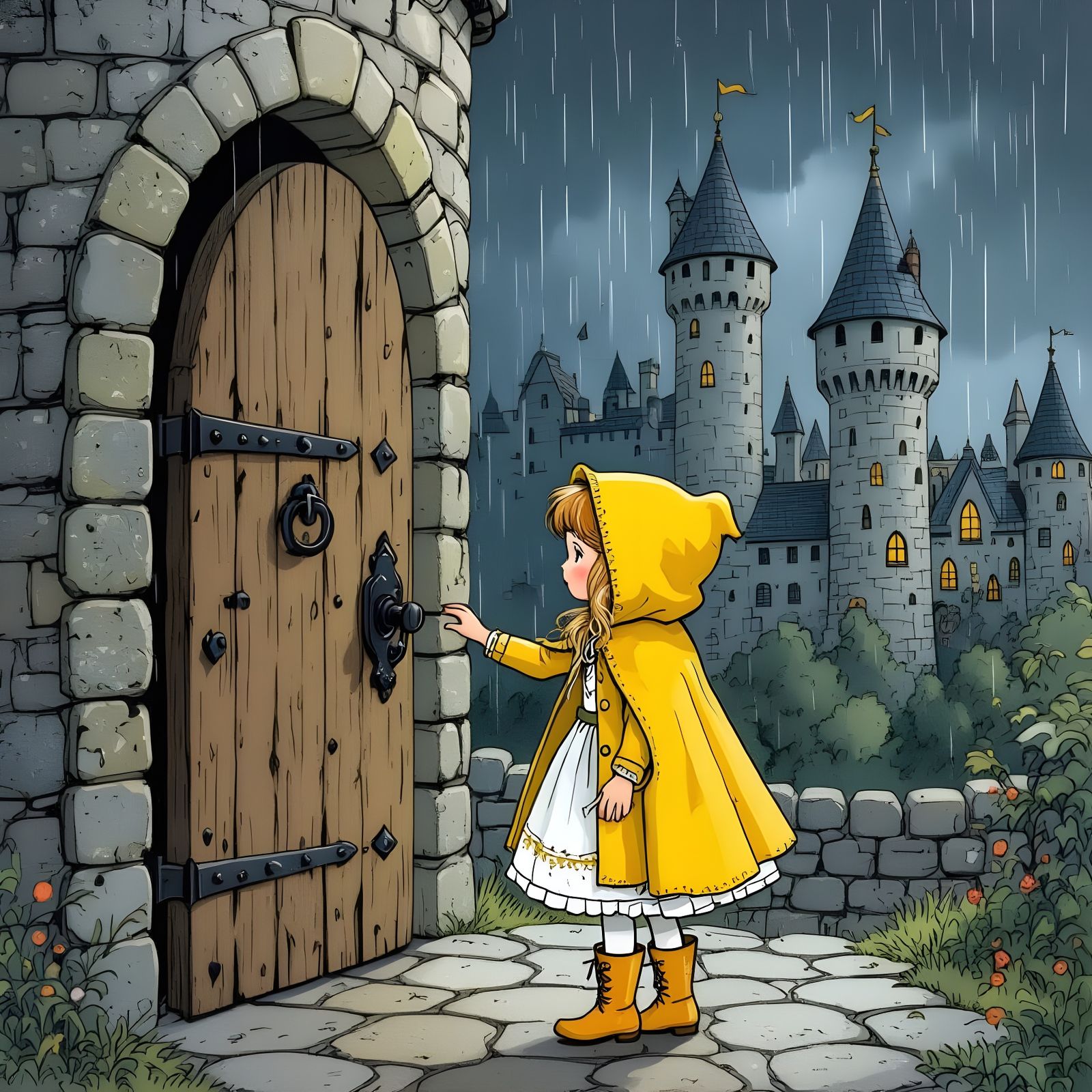 Princess at Castle Door in Storybook Illustration Style