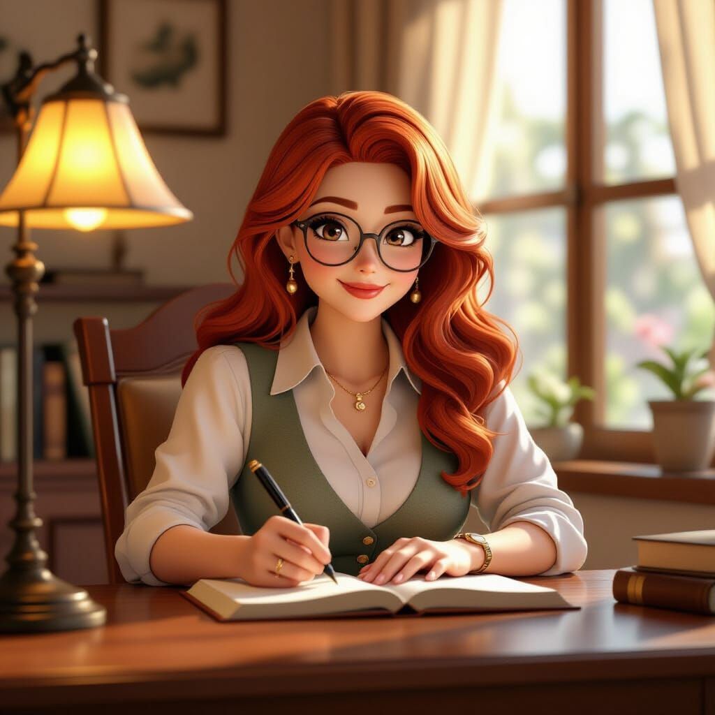 Happy 60-Year-Old Redhead Writes Book in Warm Glow