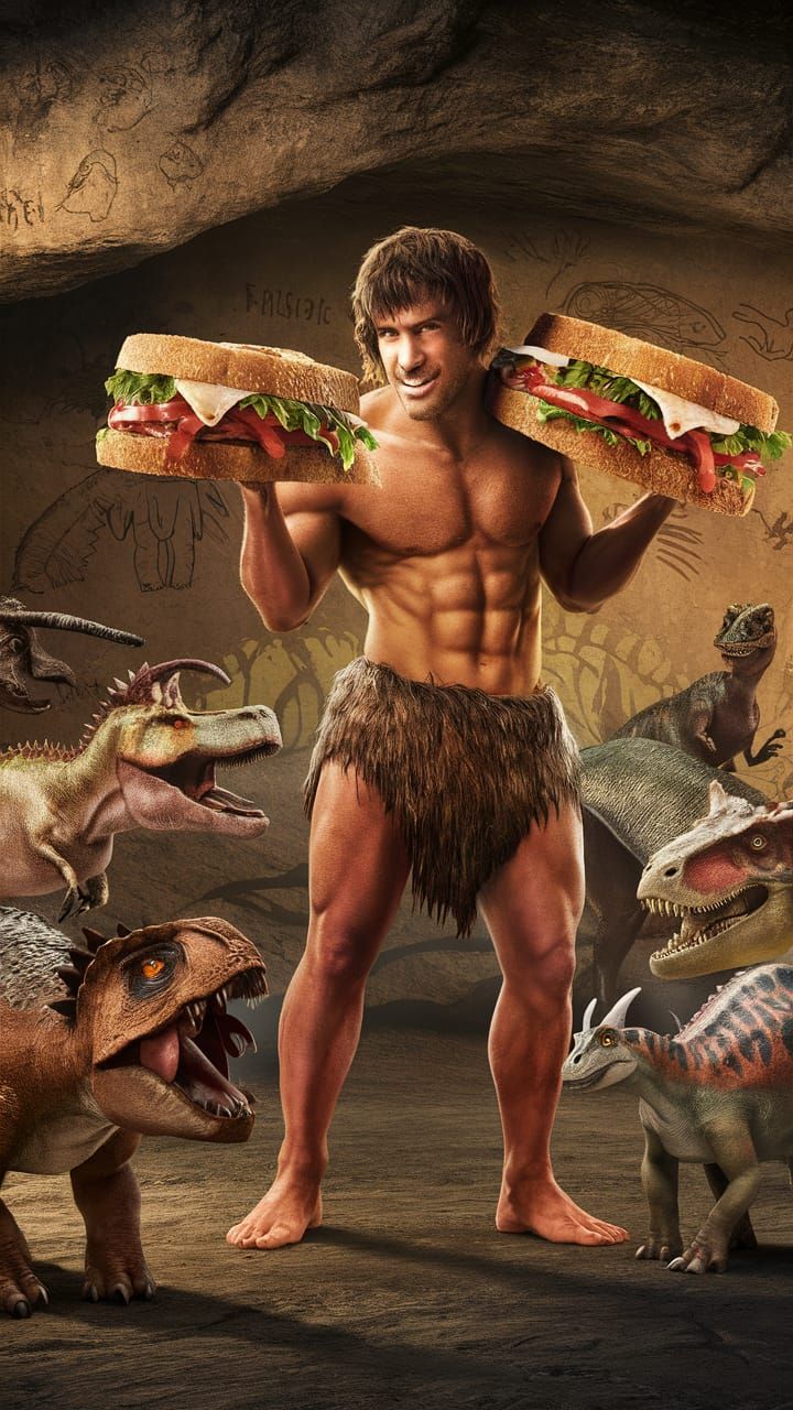 Humorous Prehistoric Scene: Muscular Caveman with Sandwich