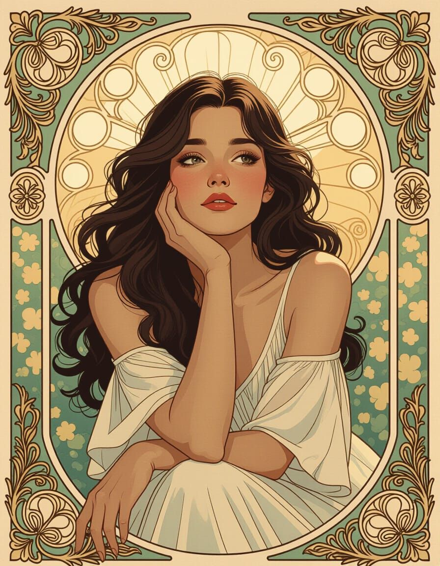 Woman Lost in Thought, Longing Gaze, Art Nouveau Style