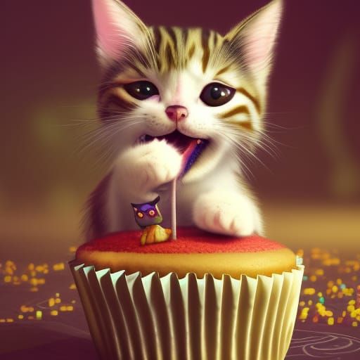 Cute Cat Enjoys Cupcake: Fantasy Concept Art
