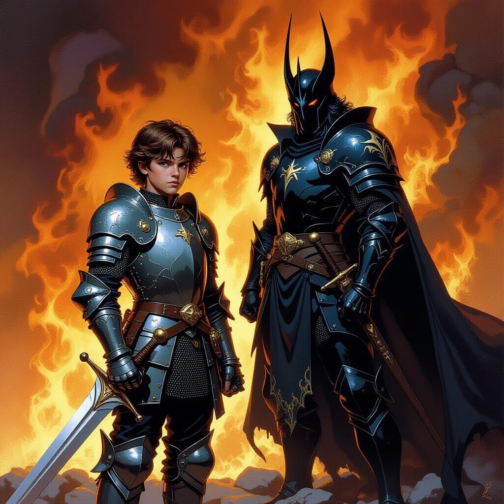Young Prince Confronts Evil Prince in Dark Fantasy Style