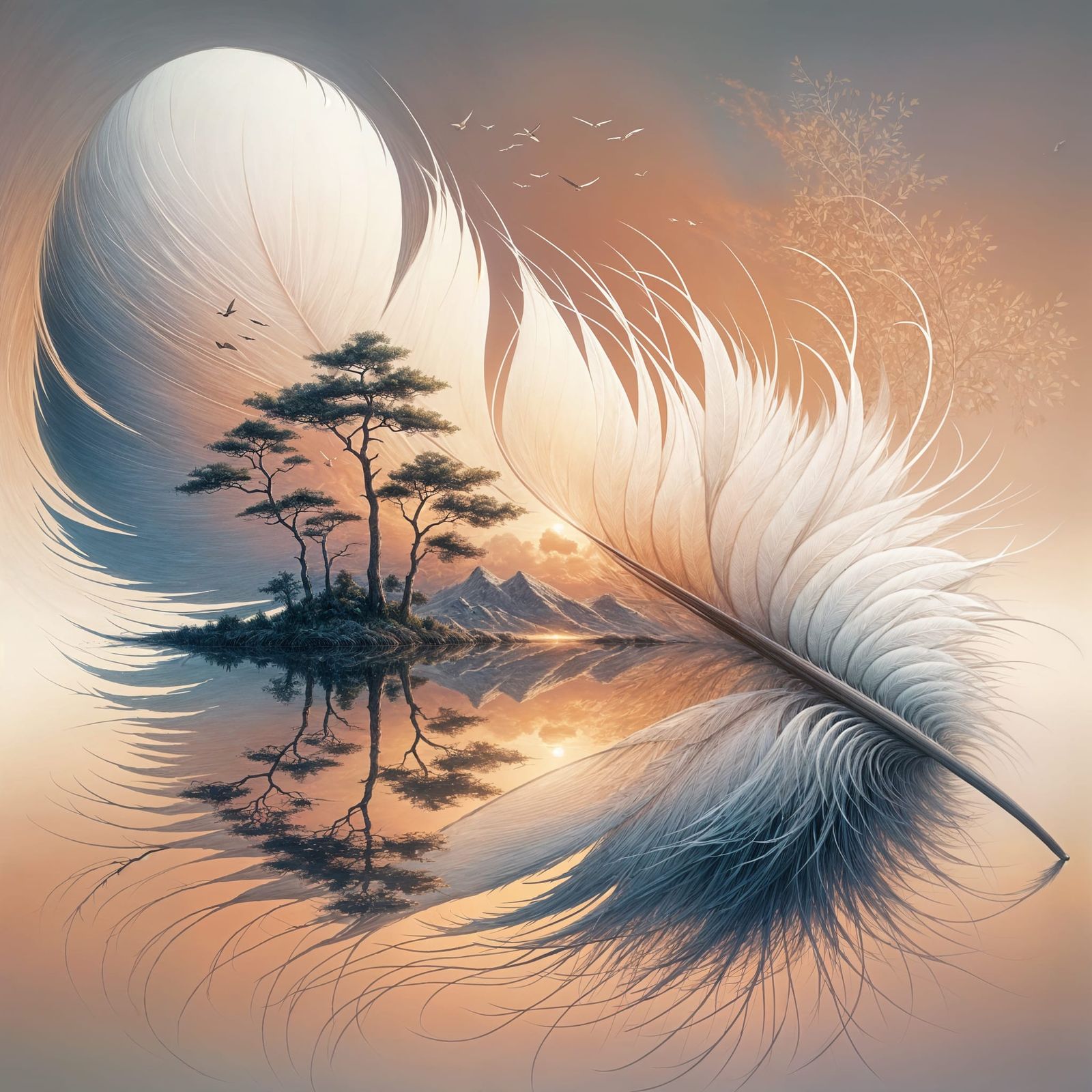 Surreal Landscape with Oversized Feather in Stylized Realism
